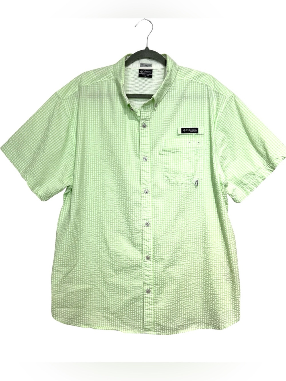 Columbia PFG Seersucker Shirt Men’s XXL Green Gingham Fishing